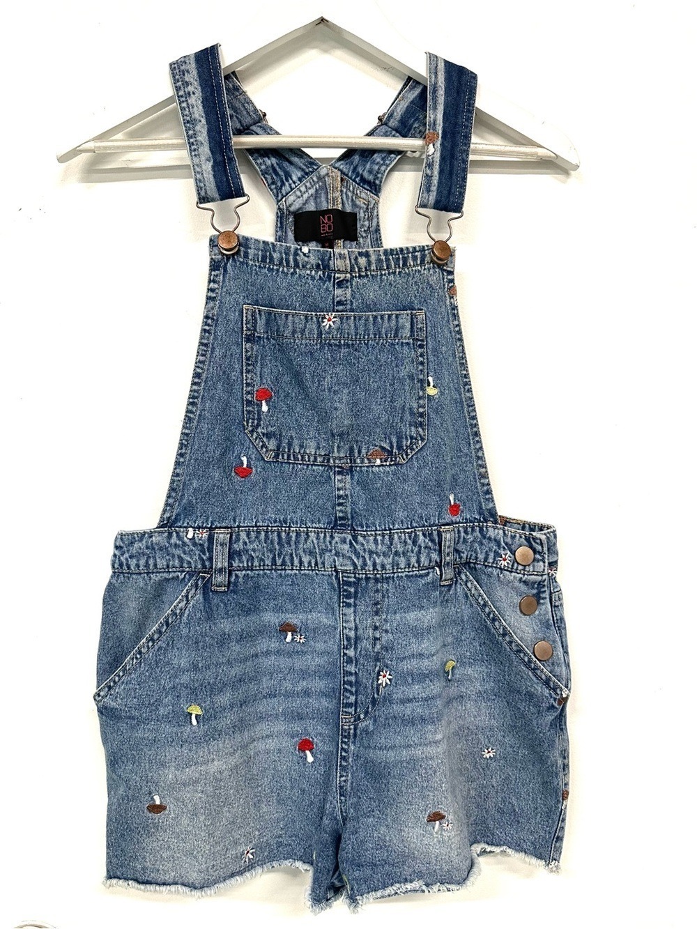 Mushroom Embroidered Denim Shortalls Medium No Boundaries Raw Hem Cotton Daisy